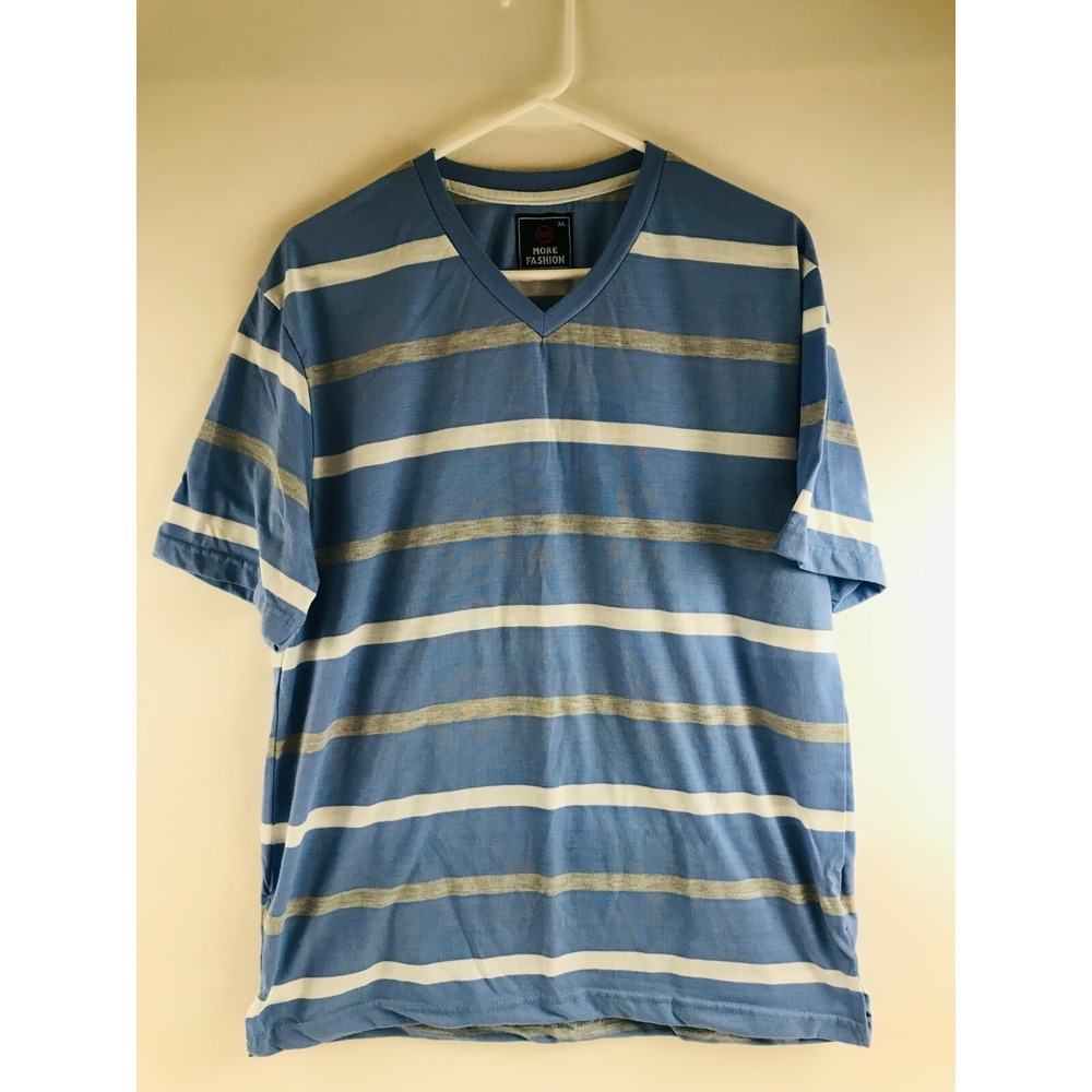 More Fashion T-Shirt Men's Size XL Blue White Gray Striped V-neck Short Sleeve